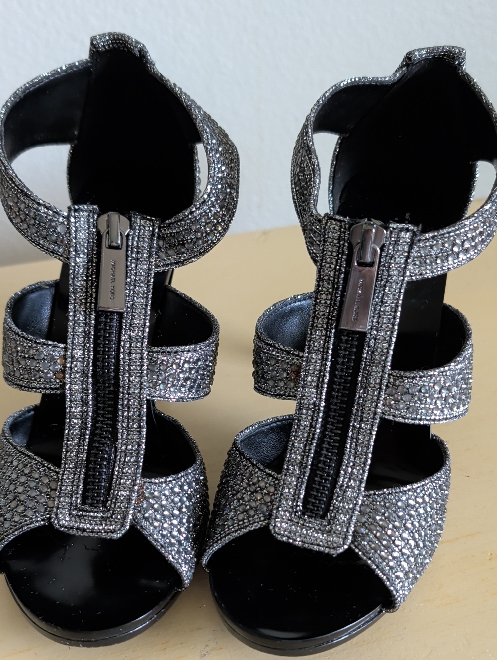 Michael Kors Silver Rhinestone Strappy Heels with Front Zips